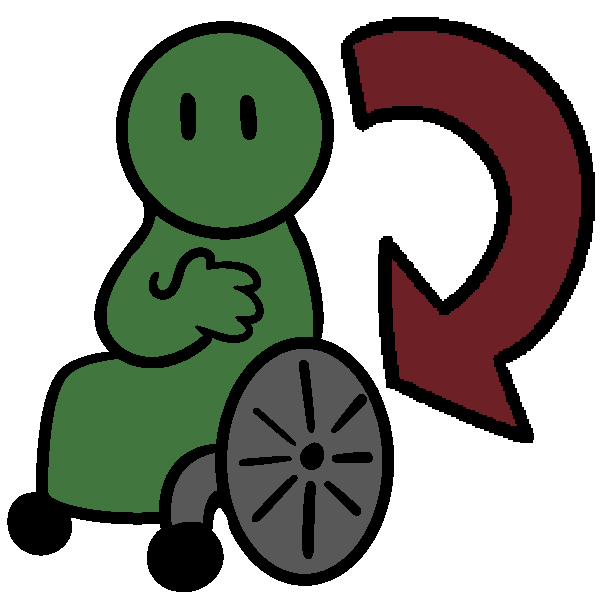 A green figure in a wheelchair with a hand on their chest and a red arrow coming from and pointing to them.